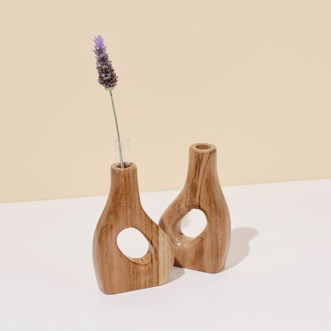 simple modern handmade wooden vase with testing tube to keep fresh flower and dry flower that suitable for decoration in small space