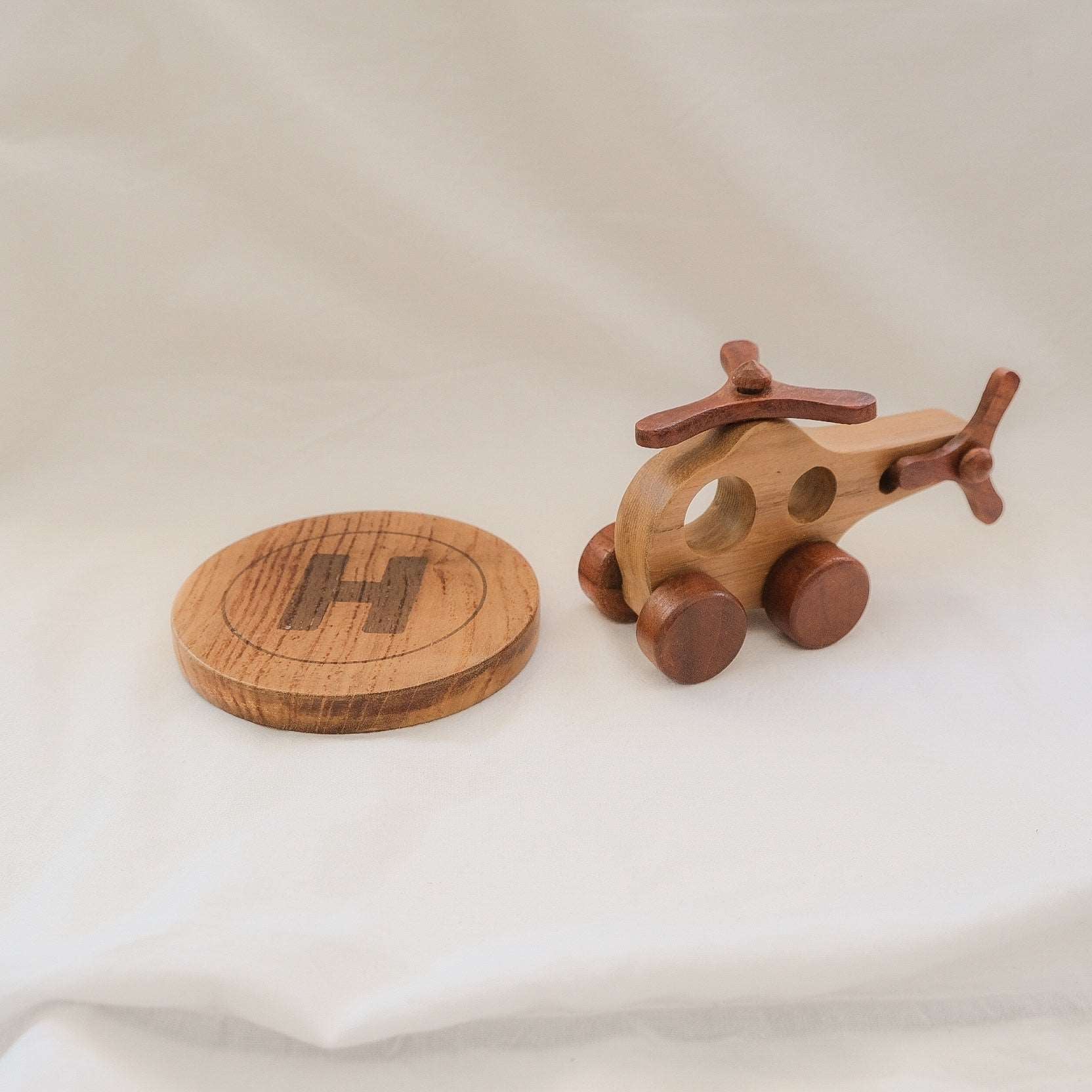 Handmade Wooden Helicopter with Helipad Toy