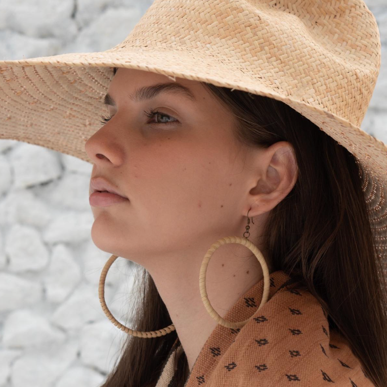 Diane Loop Round handwoven rattan earring in beige, an eco-friendly artisan accessory.