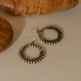 Angel loop rattan earring in beige and black, handcrafted eco-friendly artisan jewellery