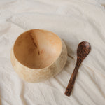 Natural white coconut bowl with a matching coconut wood spoon, showcasing an eco-friendly, handcrafted design with a unique ivory-toned shell