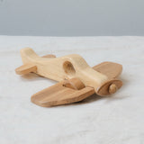 Handmade Wooden Plane Toy for kids aged 3+, crafted with a natural pine body and teak wood wings, featuring smooth edges and a unique two-tone design