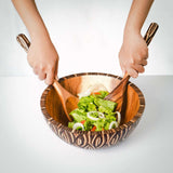 Wooden Salad Bowl with Oval Coconut Shell Inlay and Salad Server